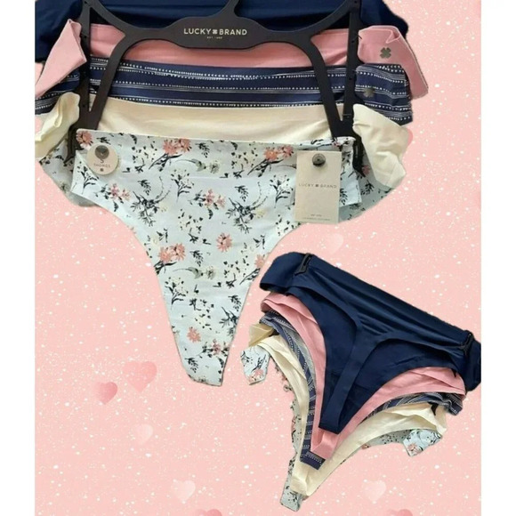 Lucky Brand L Navy-Pink-Cream Array Bonded Seams Ultralight Thong Panties-5 Pk - Picture 1 of 4